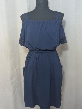 Talbots Navy Off-Shoulder Midi Dress with Crochet Sleeves